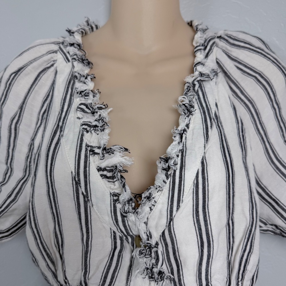 Pilcro Anthropologie Striped Linen Ruffle Button Front Midi Dress White Blue 6 - Picture 4 of 13